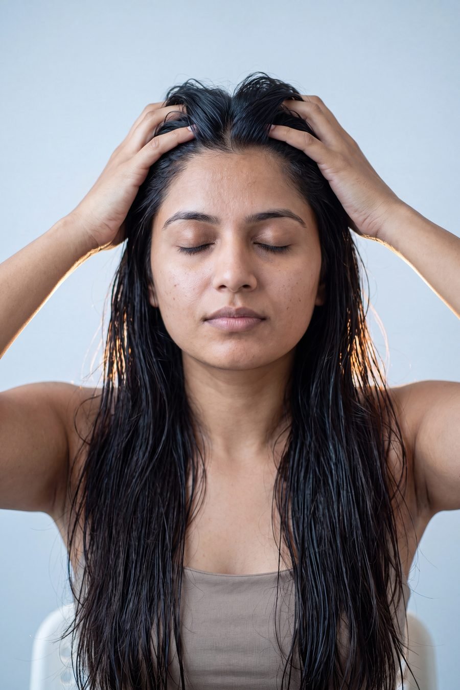 Massaging MUSK DEER oil into the scalp